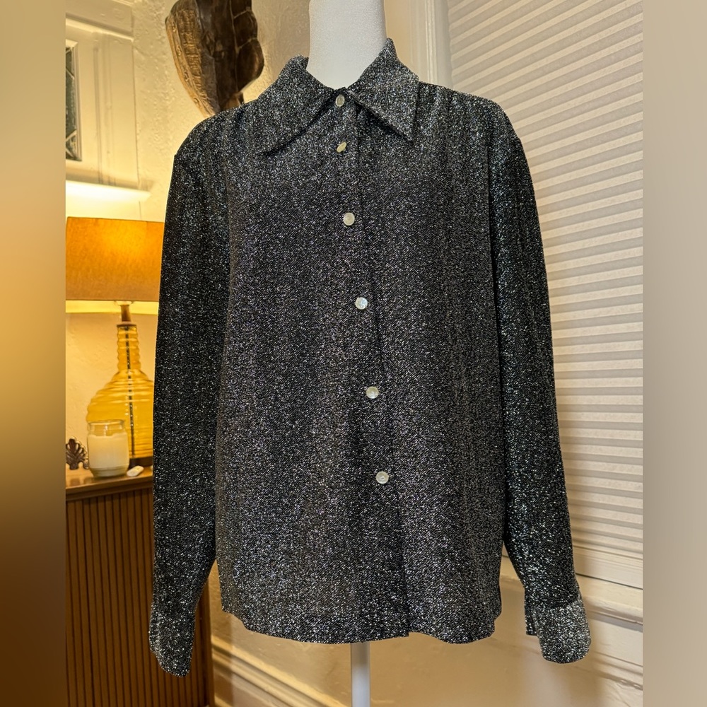 Vintage 70s Evening Party Blouse Metallic Button Up Rare Find